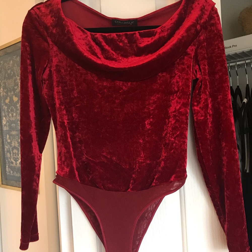 Cosabella red crushed velvet cowl-neck bodysuit